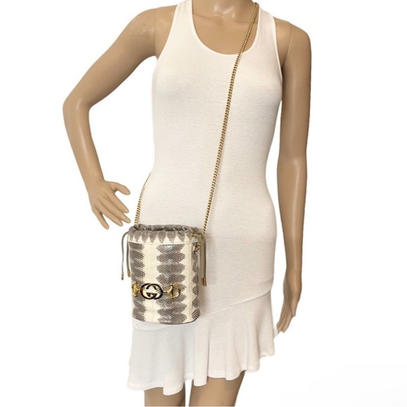 Gucci New With Box Bucket Mini Chain Grey/Ivory Snakeskin Leather Crossbody Pur… - Picture 12 of 12